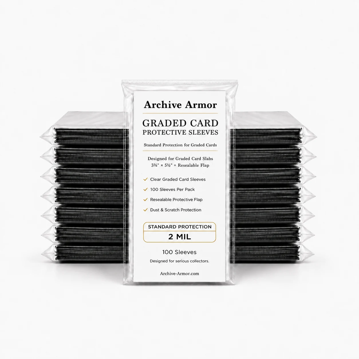 Archive Armor Standard 2 Mil graded card sleeves: white-label 100-sleeve pack with stacked sleeved slabs